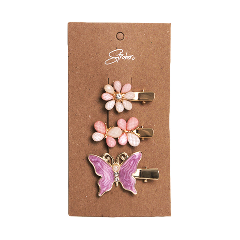 Stroberi Rhinestone Flower & Butterfly Set Hair Clip