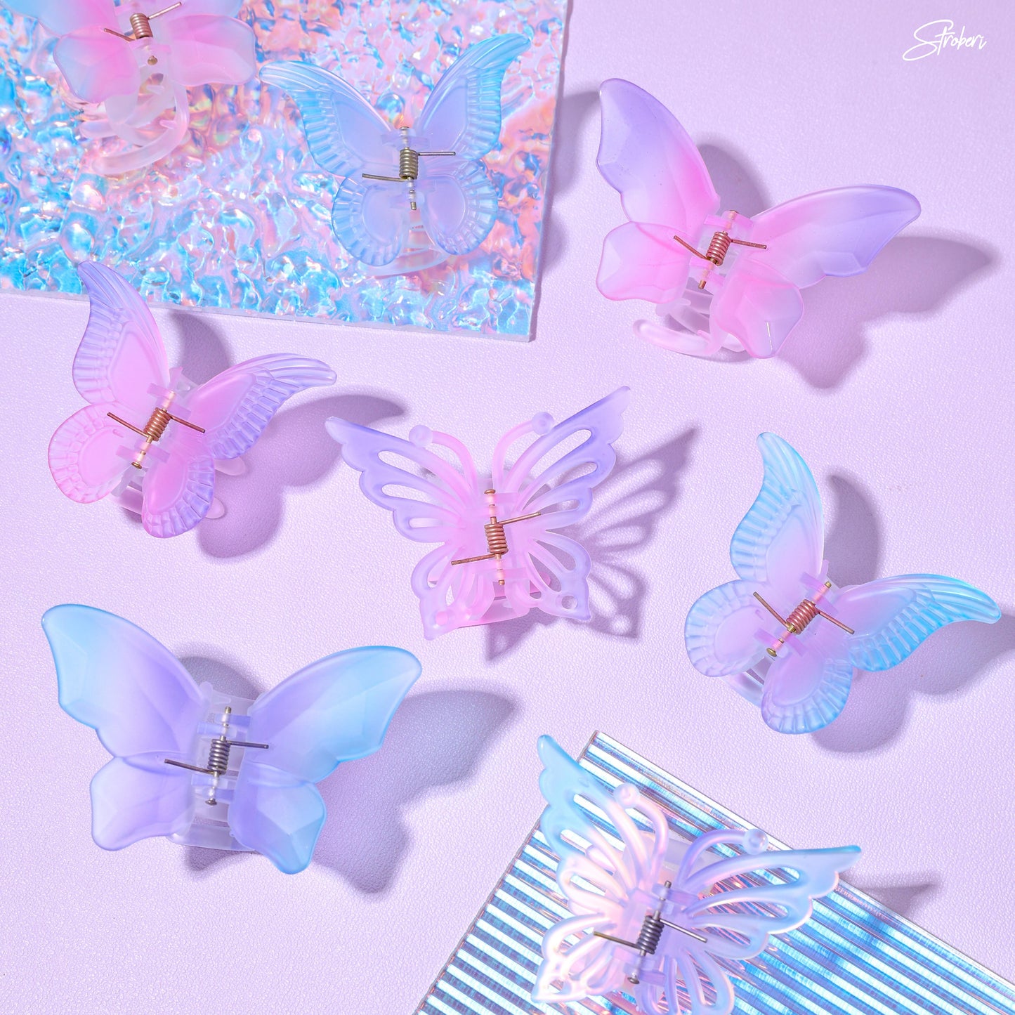 Stroberi Rainbow Color Butterfly & Flower Hair Clip