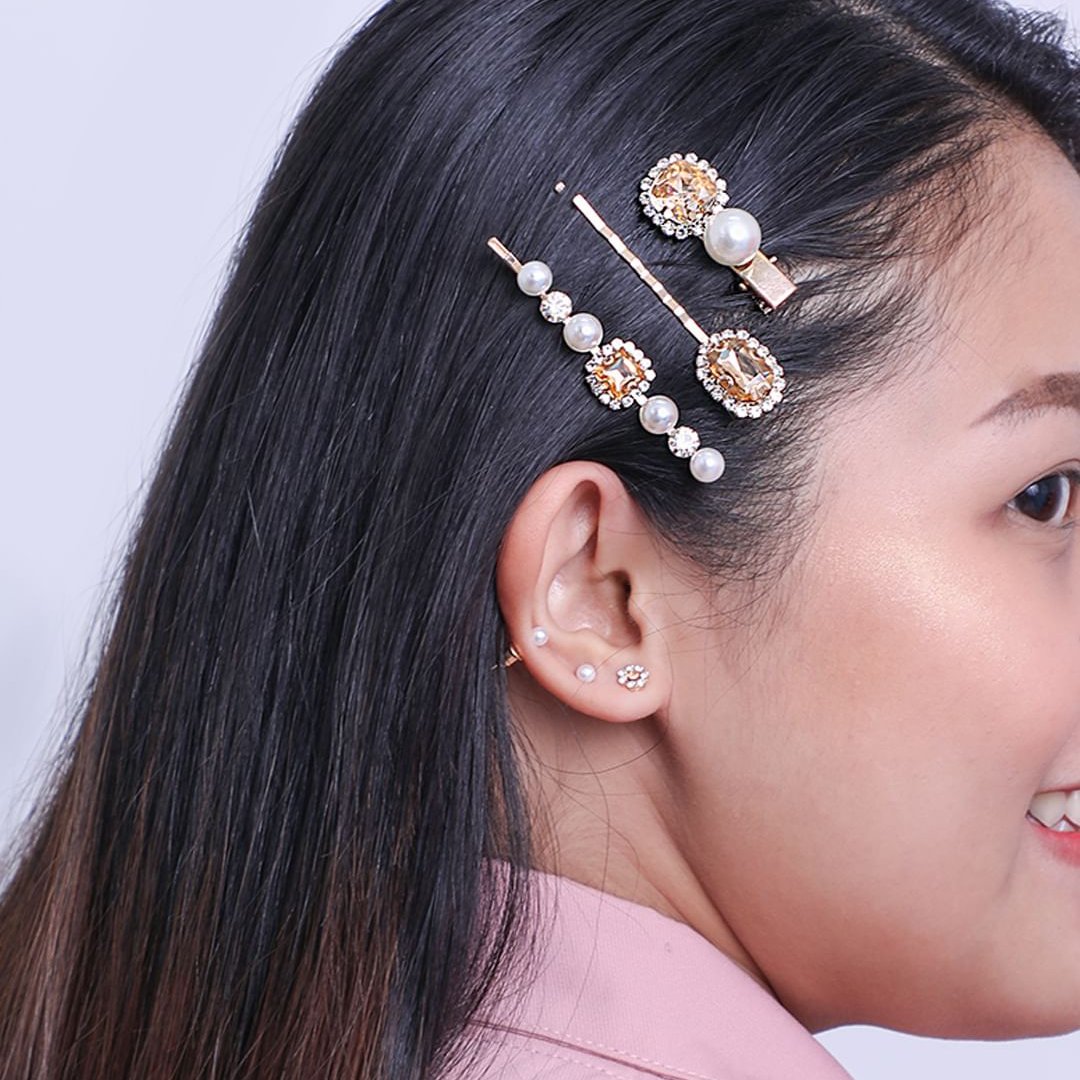 Stroberi Rhinestone Pearl Jewel Set Hair Clip