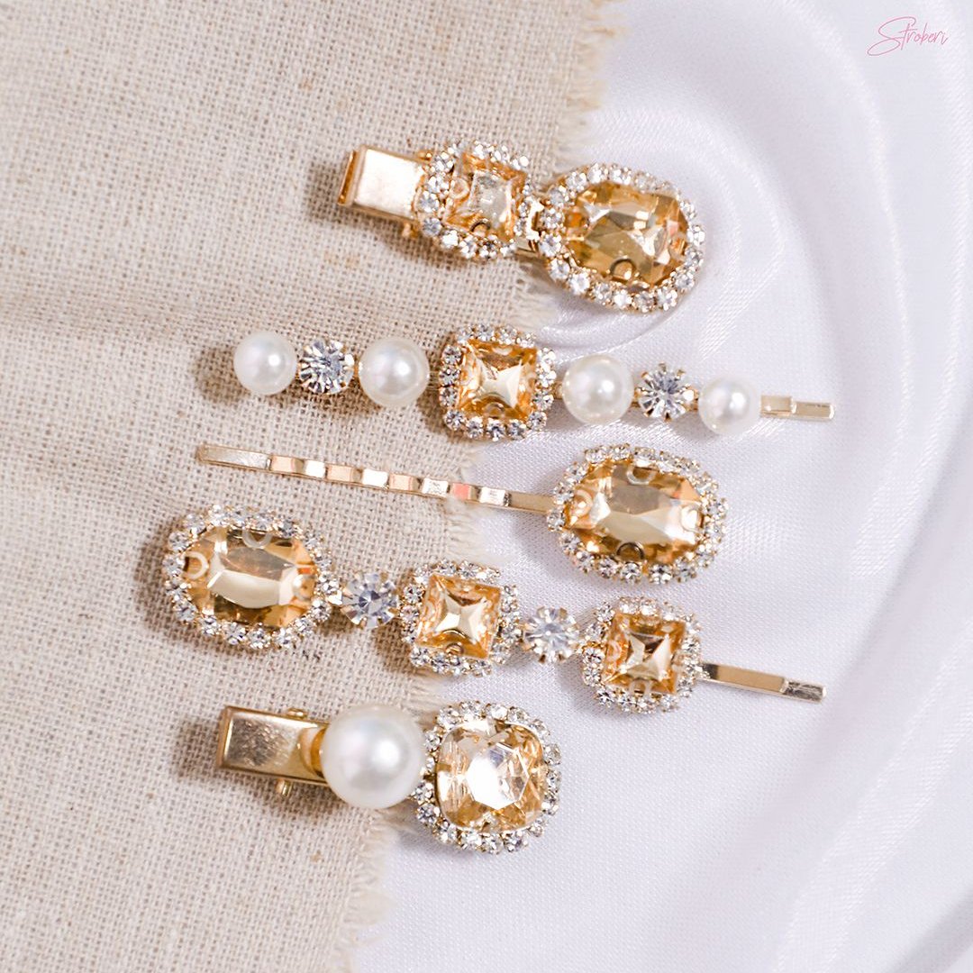 Stroberi Rhinestone Pearl Jewel Set Hair Clip