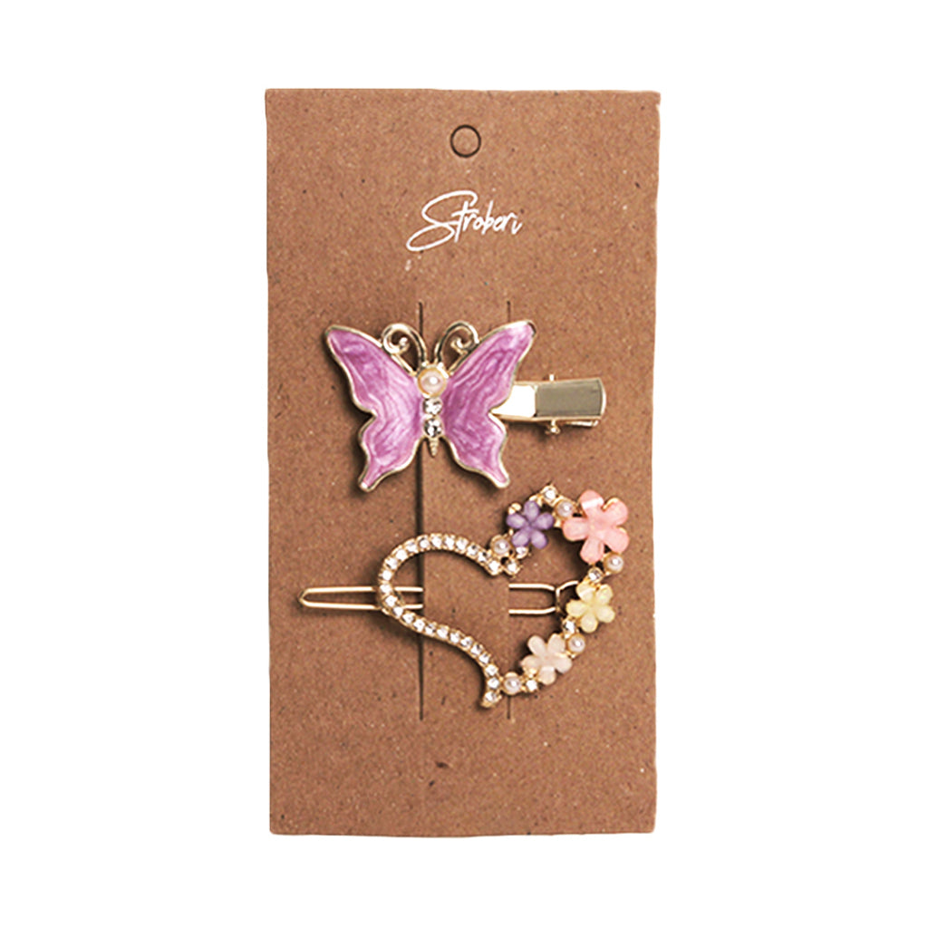 Stroberi Rhinestone Flower & Butterfly Set Hair Clip
