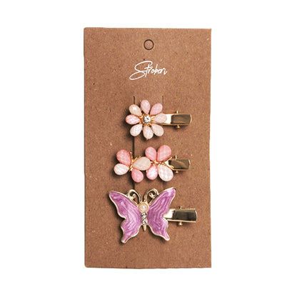 Stroberi Rhinestone Flower & Butterfly Set Hair Clip