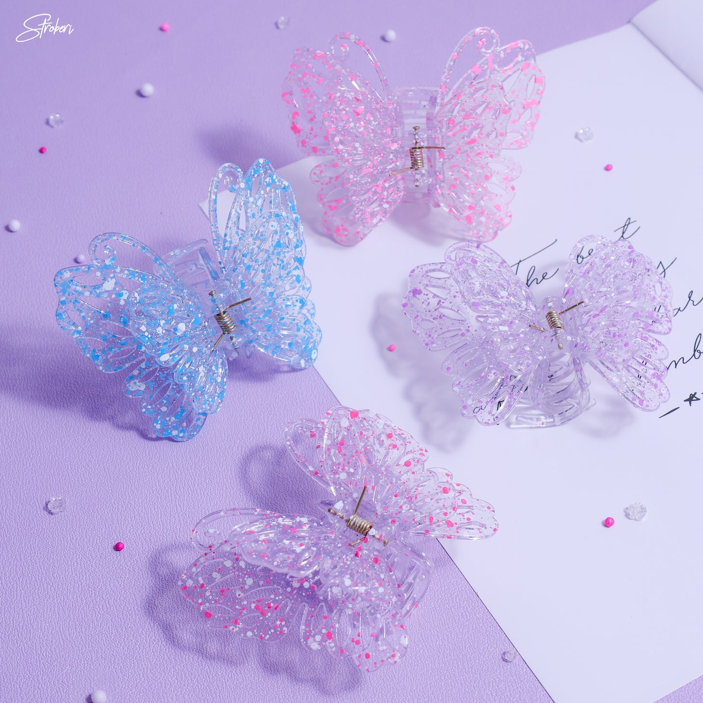 Stroberi Rainbow Color Butterfly & Flower Hair Clip